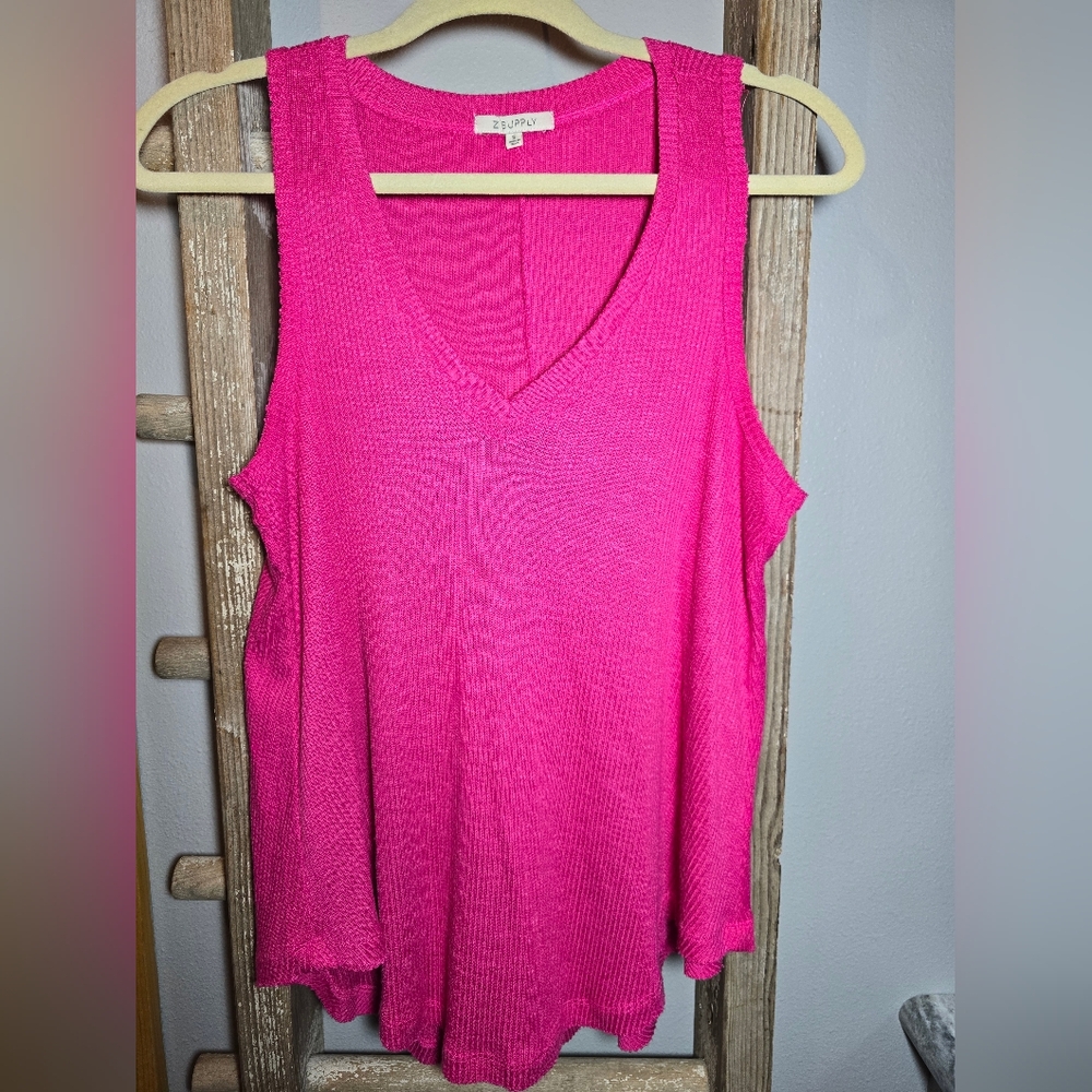 Z Supply Rib Hacci Vagabond Party Pink Ribbed Knit V-Neck Tank Top Small